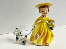 Vintage 1950s - Japan Ceramic Lady In Dress With Poodle Dog On Chain Figurine picture