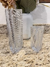 Rogaska Lead Crystal Glass Triangle Vase Ribbed Set Of 2 Signed 10” & 6” picture