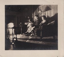 1930 vintage photo OLDER COUPLE reading relaxing by FIRELIGHT fireplace light picture
