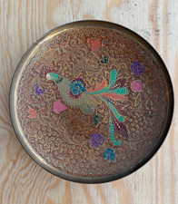 Vintage etched brass peacock decorative plate picture