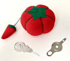 VTG SEWING NOTIONS: TOMATO/STRAWBERRY PIN CUSHION, MURIEL NEEDLE YARN THREADER picture