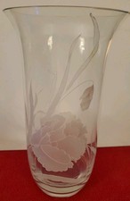 Vintage Mid Century Etched Glass Vase 10.25” Pink Floral Design Fluted Clear picture