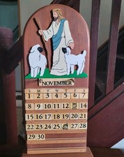 Vtg Perpetual Handmade Wooden Calendar Good Shepard Jesus Primitive -Cherry Wood picture