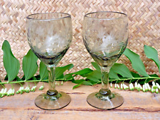 Set of 2 Wine Glass Handblown Etched Plants Wheel Cut Pale Green Mexico Folk Art picture