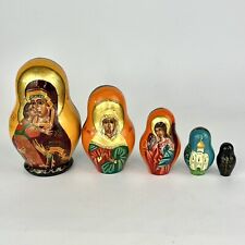 Russian Matryoshka 5 Wood Nesting Dolls Signed Orthodox Religious Madonna Icon picture