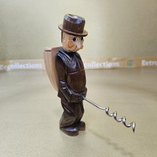Vintage Wood Corkscrew Jobin Brienz Switzerland Funny Barware 1950s Hand Carved picture