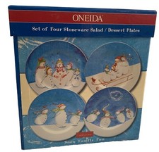 4 Oneida Snow Family Fun Stoneware Salad Dessert Plate Frosty Holiday Sleigh picture