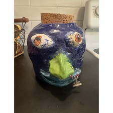 Studio Ugly Face Pottery Jar Blue Glazed Folk Art Signed Ty Stephenson 2015 picture