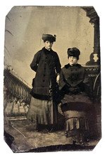 Antique Tintype Photo Two Victorian Ladies Women Hats Winter Fashion Unique Look picture