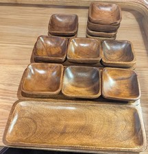 70s Vtg Monkey Pod 15 Piece Serving Set Acacia Carved Wood Square MCM  picture