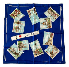 Vintage 1960's London England Souvenir Dark Navy Blue Square Scarf picture