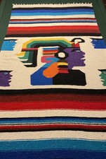 Vintage Mexican Saltillo Serape Rug Blanket Aztec Mayan Warrior 43x76 Hand Woven picture