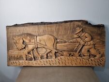 Wood Wall Plaque Horse Plowing Farming Man Farm Primitive 3D Vintage Hand Carved picture