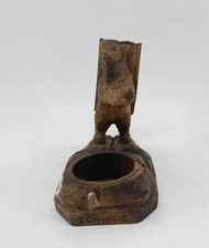 Vintage Swiss Black Forest Hand Carved Wood Bear Ashtray Match Holder Schweiz picture