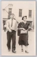 RPPC Man Woman Downtown Stroll BLURRY Real Photo VTG Postcard picture