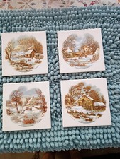 VTG Currier & Ives Winter Scene Ceramic Tile Set Of 4 Decorative Art Tiles 6