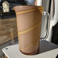 Vintage Handblown Glass Pitcher, Tall Cylindrical Amber Jug, Beige Retro Vase picture