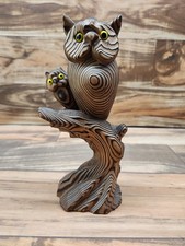 CRYPTOMERIA WOODEN OWL VTG PERCHED MOM AND BABY JAPAN SIGNED picture