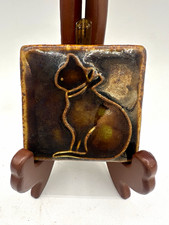 Vintage 1995 Pewabic Pottery Detroit Cat Art Tile 3x3 Brown Glaze picture