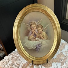 Vintage Gold Framed Print Wall Decor Baby and Angels Made in Italy 11” picture