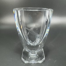 Vintage Strombergshyttan Swedish Crystal Etched Leaping Deer Pedestal Vase VTG picture