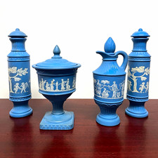 Avon Fields of Flowers Blue Milk Glass Foaming Bath Oil Bottle Set picture