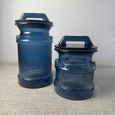 Vintage Cobalt Blue Glass Canister Set of 2 Handled Lids Kitchen Storage Jars picture