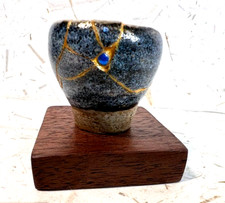 MINI Kintsugi Style Japanese Repair Technique,ceramic black/blue, w/sea glass,VG picture