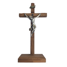 Vtg Jesus Christ Crucifix Cross Wood Stand Silver-plate Bagno Argento 999% ITALY picture