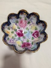 Vintage Nippon Japan Footed bowl cobalt roses gold,  hand-painted porcelain picture