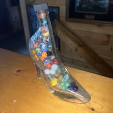 Vintage Glass High Heel Shoe 8 1/2” Tall Full of Vintage Marbles. Odd Sizes picture