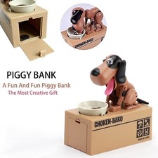 Hungry Puppy Dog Automatic Mechanical Piggy Bank. Brown & Black New In Box picture