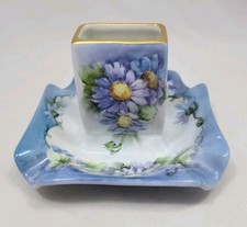 Antique T&V Limoges France Porcelain Matchbox Holder Ashtray Floral Gold Gilt picture