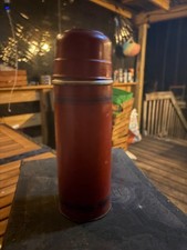 VINTAGE 1920s COBALT BLUE RED METAL THERMOS KEAPSIT CUP LID CAMPING TRAVEL picture