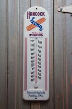 RARE 1950s HANCOCK HYBRIDS EMBOSSED METAL THERMOMETER SIGN SEED FEED FARM STORE picture