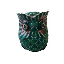 Vintage Carved Wood Owl Figurine Folk Art Hand Painted Green Tribal Southwest picture