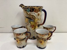Antique Tashiro Co. Japanese Kutani Pitcher & 4 Cups with Painted Phoenix Dec. picture