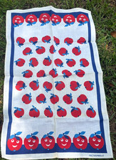 Vintage 70s Tea Towel Anthropomorphic Apples Mid Century Smiling Happy Cotton picture