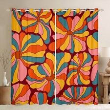Vintage Boho Plant Floral Curtains for Living Room 60S 70S Groovy Rainbow Bla... picture