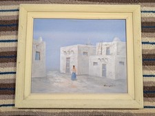 Vintage Southwestern Oil Painting 20x16 Framed Signed Aricopa Pueblo Scene picture