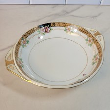 Nippon Hand Painted Porcelain Floral Bowl Gold Moriage Cutout Handles Candy Nut picture
