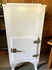 Antique Ice Box Refrigerator White Metal Lined Vintage Icebox picture