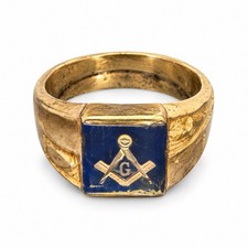 Vintage 10K Gold Masonic Freemason Ring Blue Enamel Square Compass Weight 7.14 picture