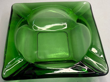 Vintage Emerald Green Glass Square Ashtray 7 Inch Heavy Geometric Dish 1 lb 4 oz picture