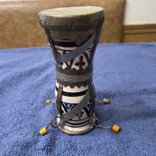 vintage Handmade rawhide hand painted clay pottery & brass Darbuka drum picture