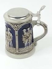 Vintage Cobalt Stoneware Stein Tankard Band Lord Lady Scenes Zinn Pewter Lid picture