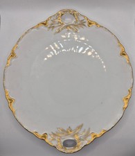 White Porcelain Serving Plate with Gold Trim and Handles picture