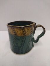Signed CM Stonewear Pottery Coffee Beer Mug Dotted Green And Brown picture