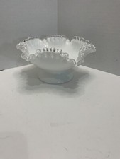 Vintage FENTON White Milk Glass Clear Ruffled Edges Silvercrest Dish Bowl 8” picture