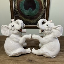 Vintage 1984 Fitz and Floyd Sitting White Elephant Porcelain Bookends Book Ends picture